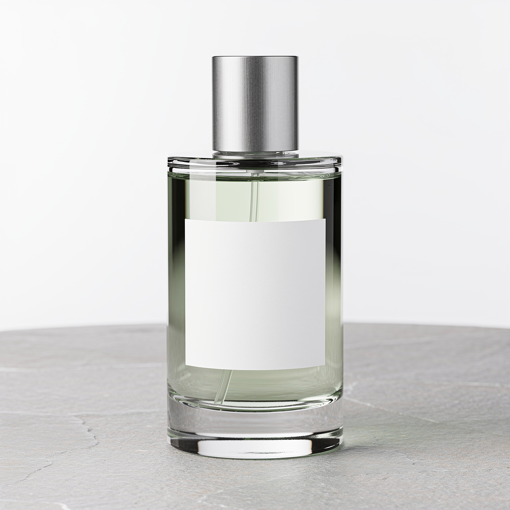 FLUX.2 Pro product-photography test: clear perfume bottle with pale green liquid and a blank white label.