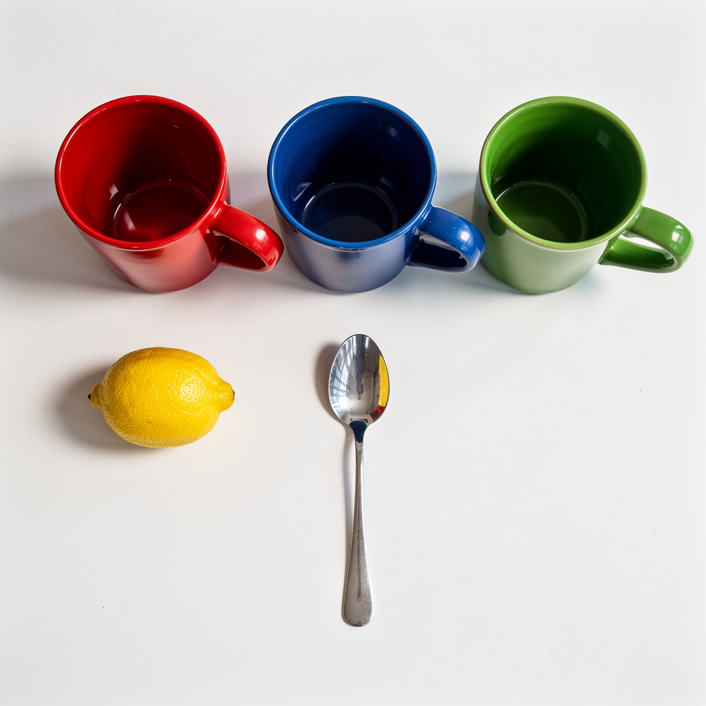 FLUX.2 Pro object-count and placement test with three colored mugs, a lemon, and a teaspoon.