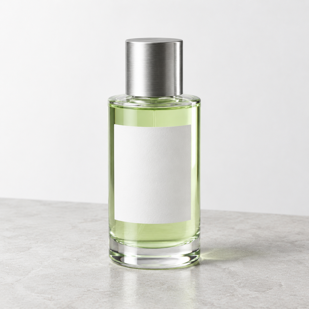 GPT Image 2.5 product-photography test: clear perfume bottle with pale green liquid and a blank white label.