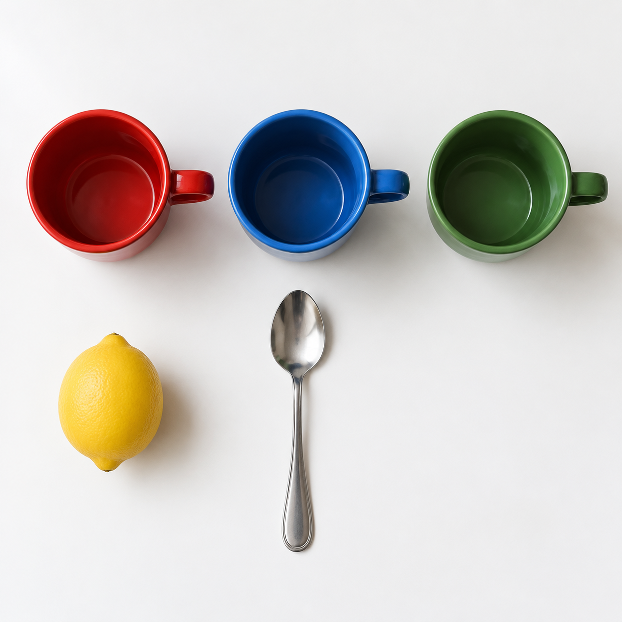 GPT Image 2.5 object-count and placement test with three colored mugs, a lemon, and a teaspoon.