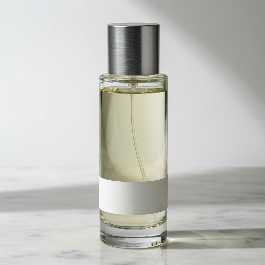 Ideogram 4.0 product-photography test: clear perfume bottle with pale green liquid and a blank white label.