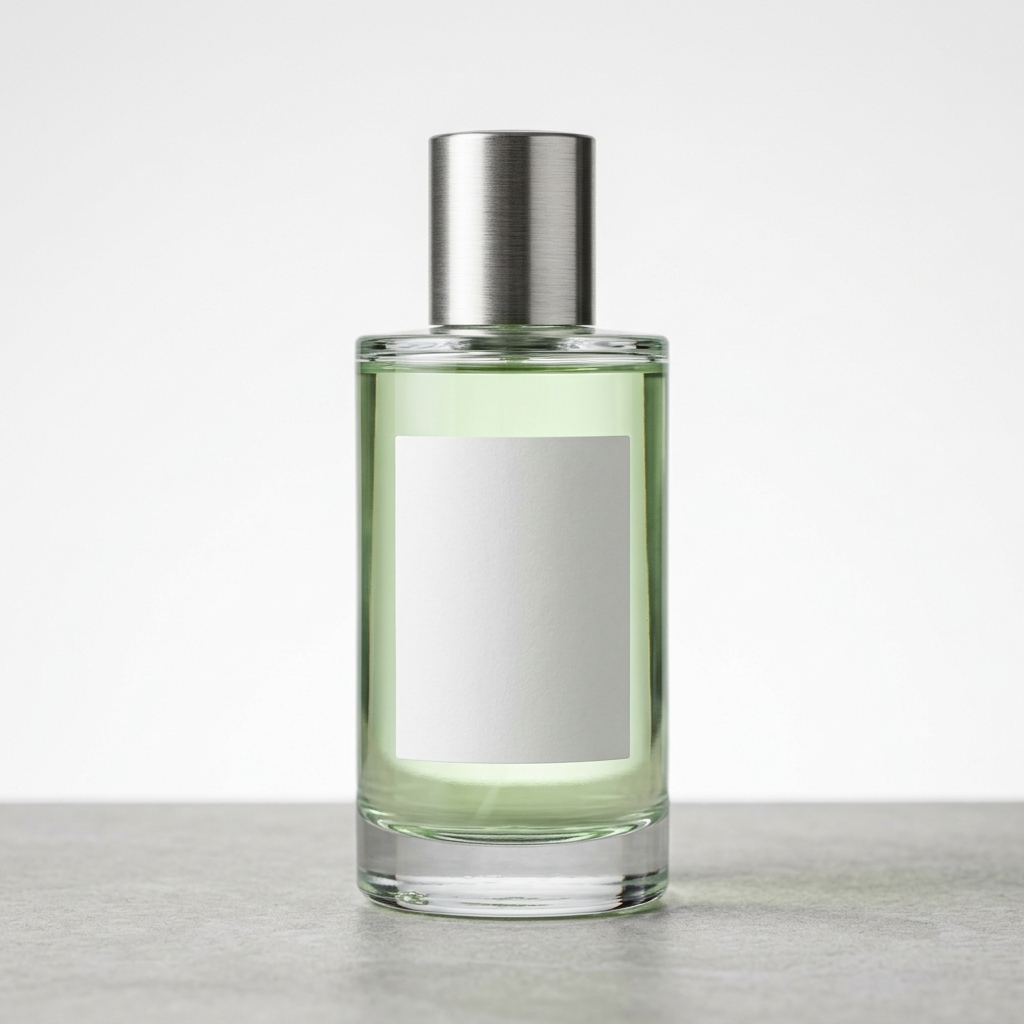 Nano Banana 2 product-photography test: clear perfume bottle with pale green liquid and a blank white label.