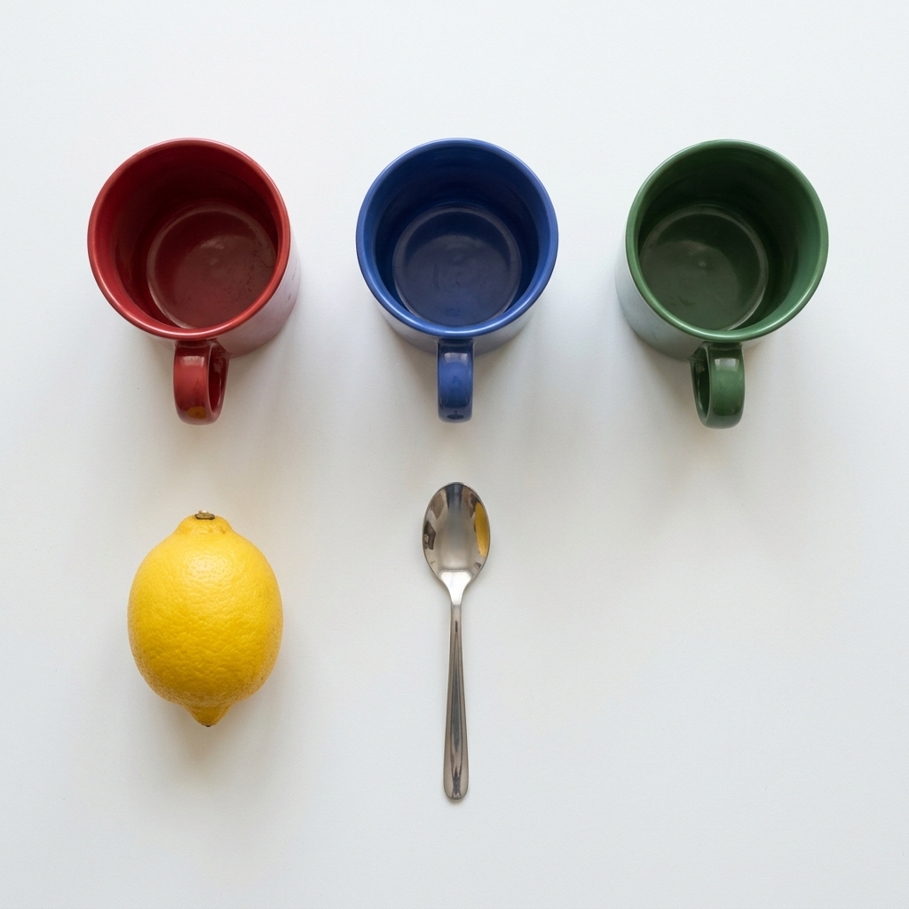 Nano Banana 2 object-count and placement test with three colored mugs, a lemon, and a teaspoon.
