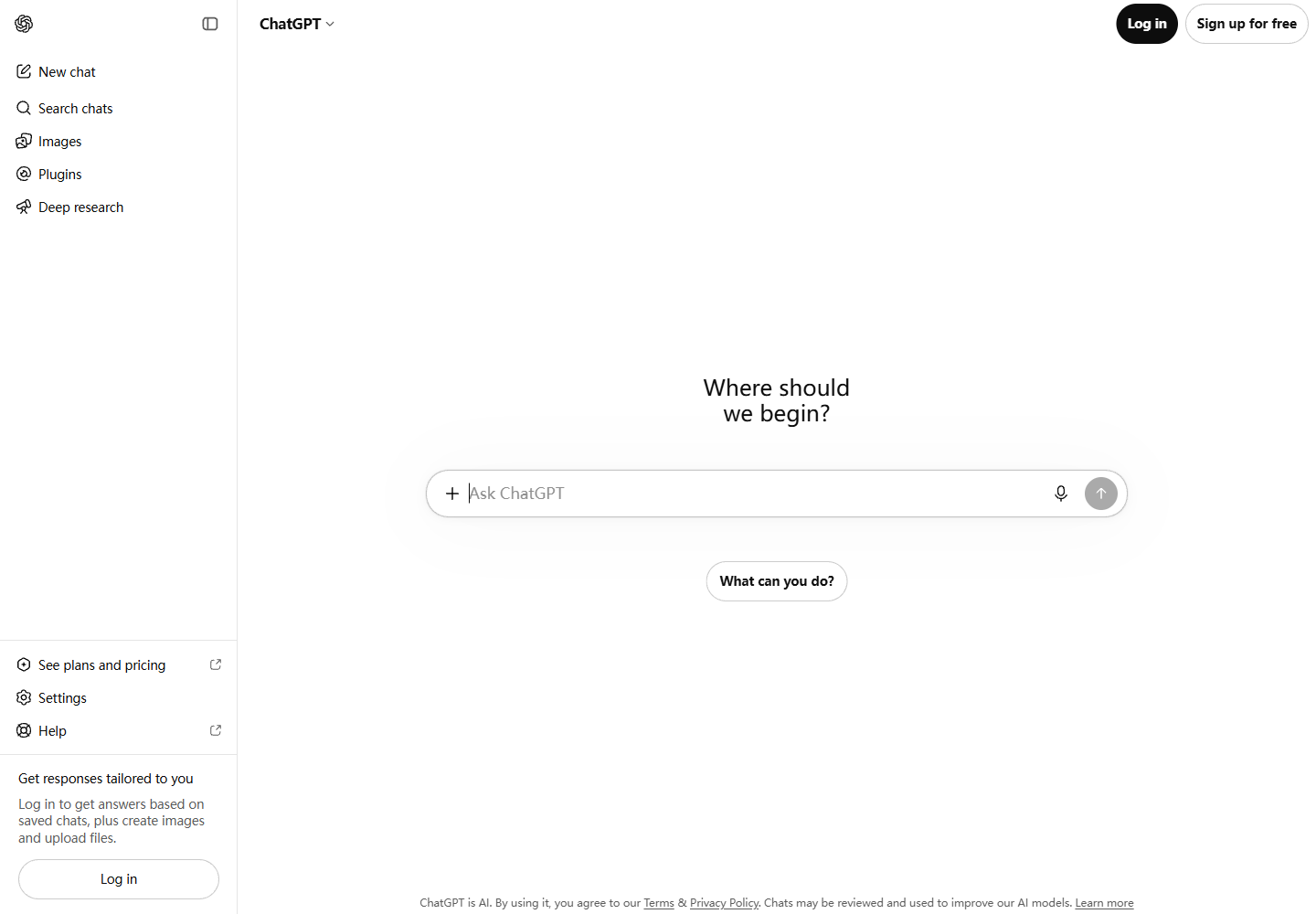 ChatGPT signed-out home screen with the Ask ChatGPT input and navigation sidebar