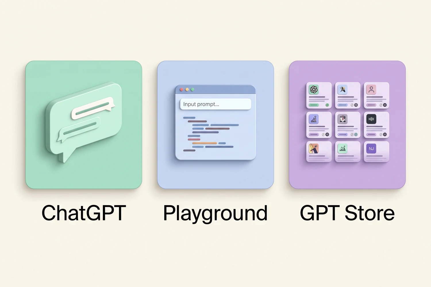 ChatGPT、OpenAI Playground、およびGPT Storeの概念的な比較。それぞれ、チャットバブル、プロンプトコンソール、アシスタントカードで表されている。.