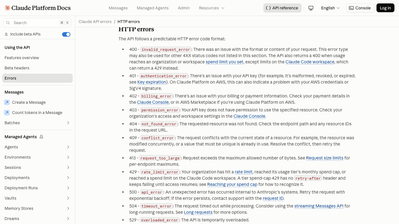 Anthropic API documentation for 400 through 413 client errors