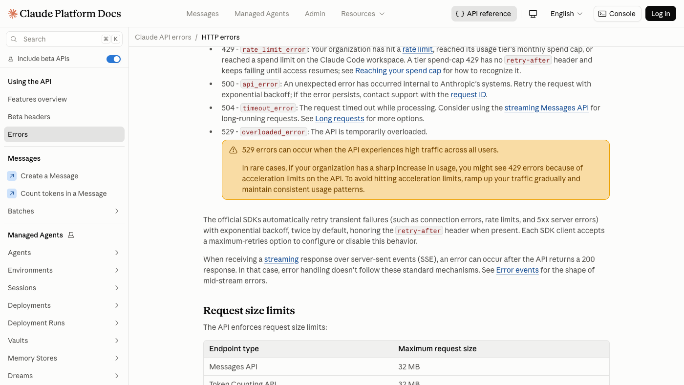 Anthropic API documentation for 429 through 529 limit and server errors