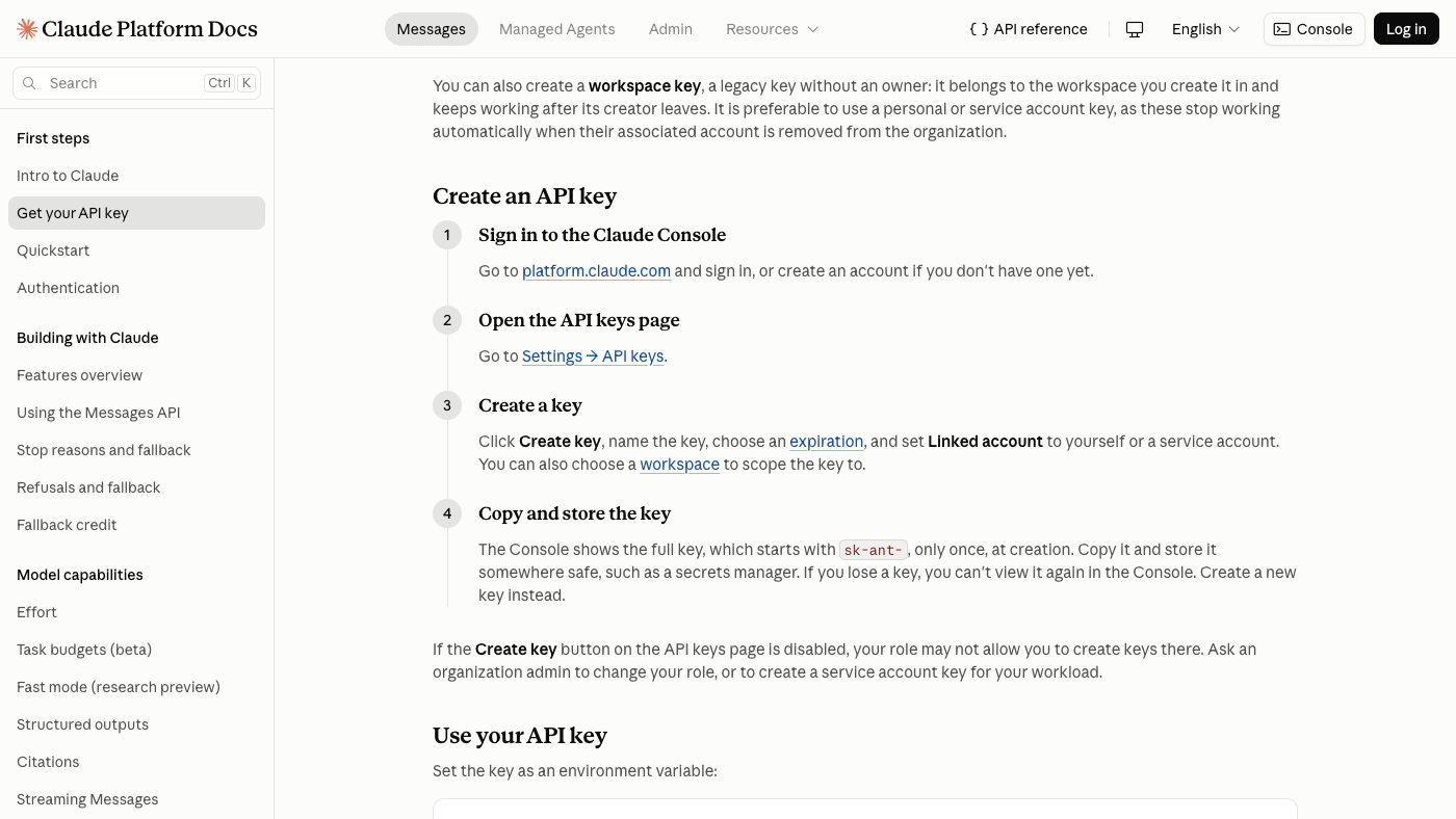 Anthropic documentation warning that a new Claude API key must be stored securely