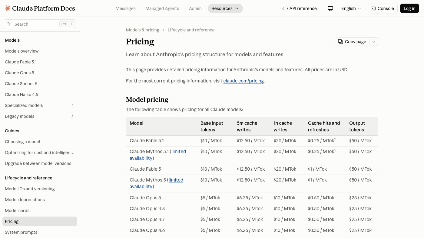 Official Anthropic Claude API pricing table with token-category rates