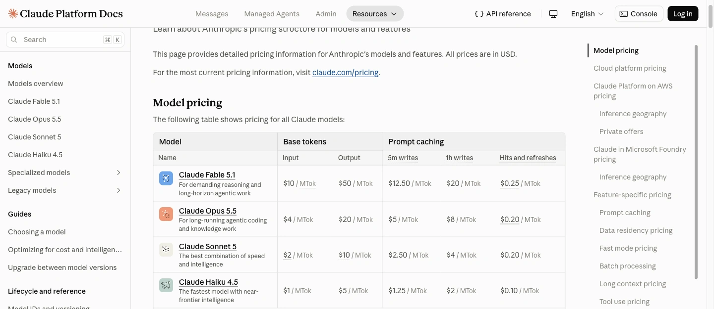 Anthropic's API pricing table with input, output, and prompt-cache rates.