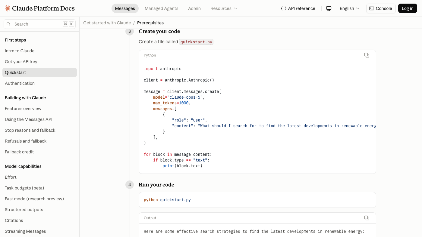Official Anthropic Python SDK quickstart for sending a Claude API message