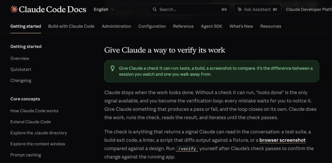 Claude Code documentation recommends giving the model a check it can run.