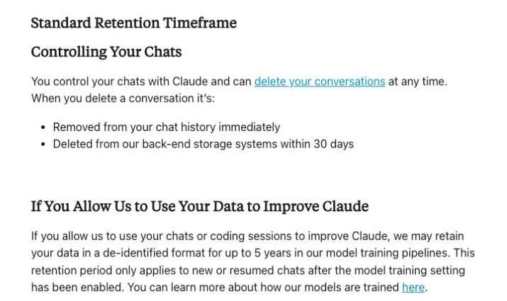 Anthropic’s consumer policy distinguishes deleted chats from data retained in training pipelines.