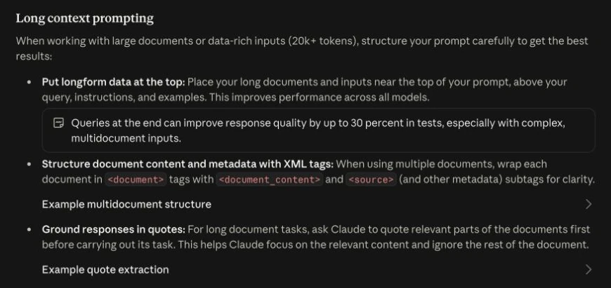 Claude documentation recommending source-first long-context prompts and relevant quotations