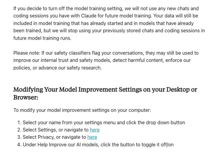 Anthropic’s instructions for changing Claude model-improvement privacy settings.