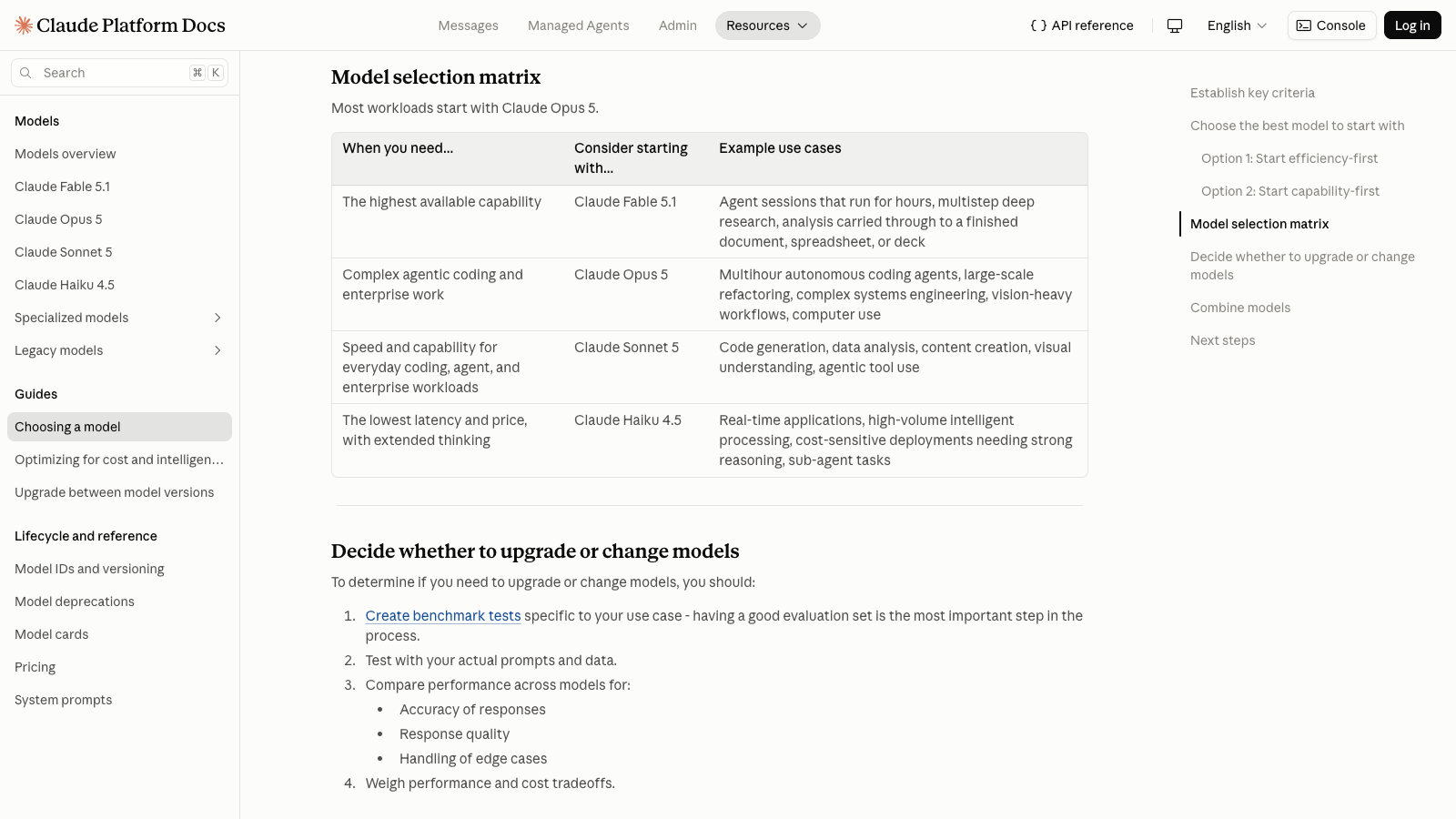 Anthropic model selection matrix for Haiku, Sonnet, Opus, and Fable