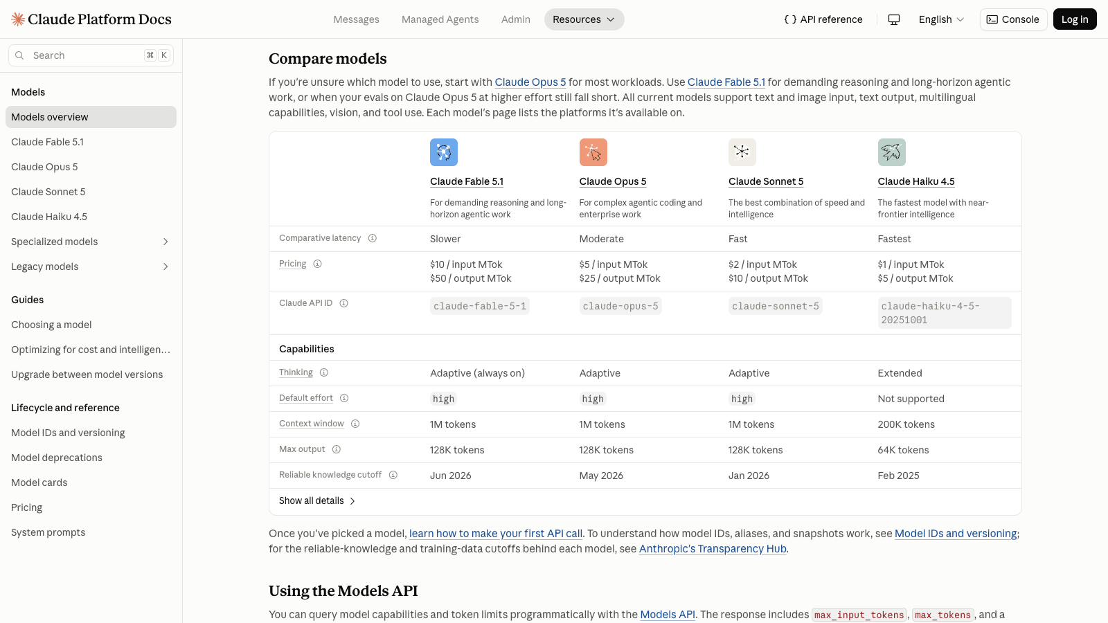 Anthropic current Claude model lineup with pricing, latency, context, and output limits