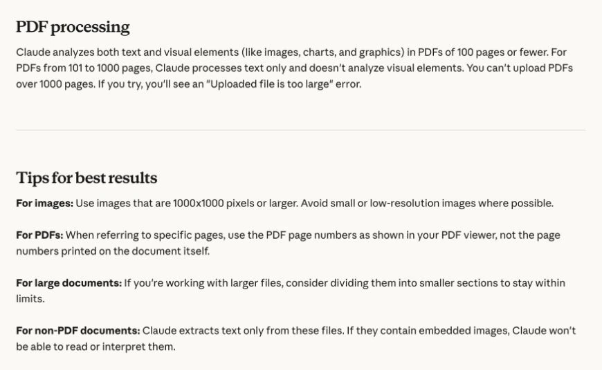 Claude help page explaining PDF page limits and text extraction