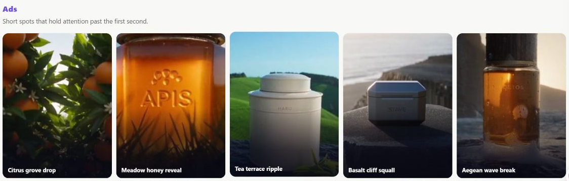 GLBGPT homepage Ads gallery with citrus, honey, skincare, and fragrance product-video examples.