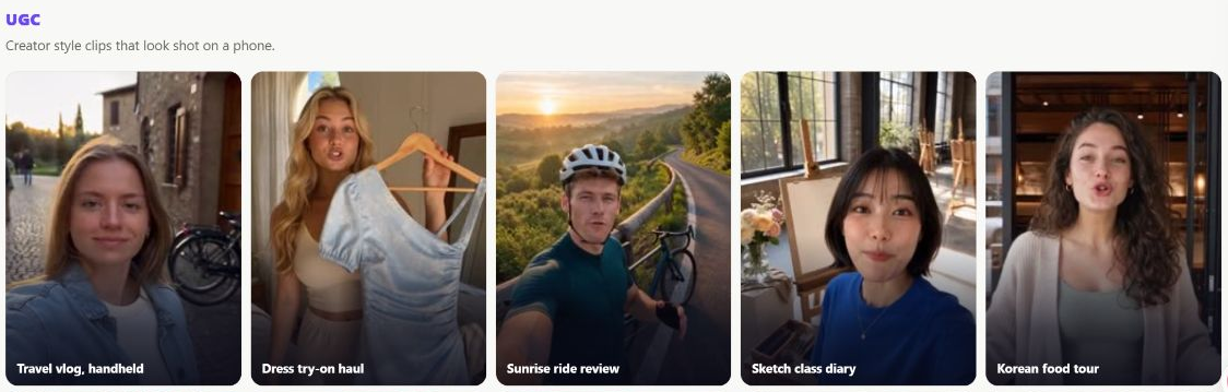 GLBGPT homepage UGC gallery showing travel, try-on, cycling review, diary, and food-tour video examples.