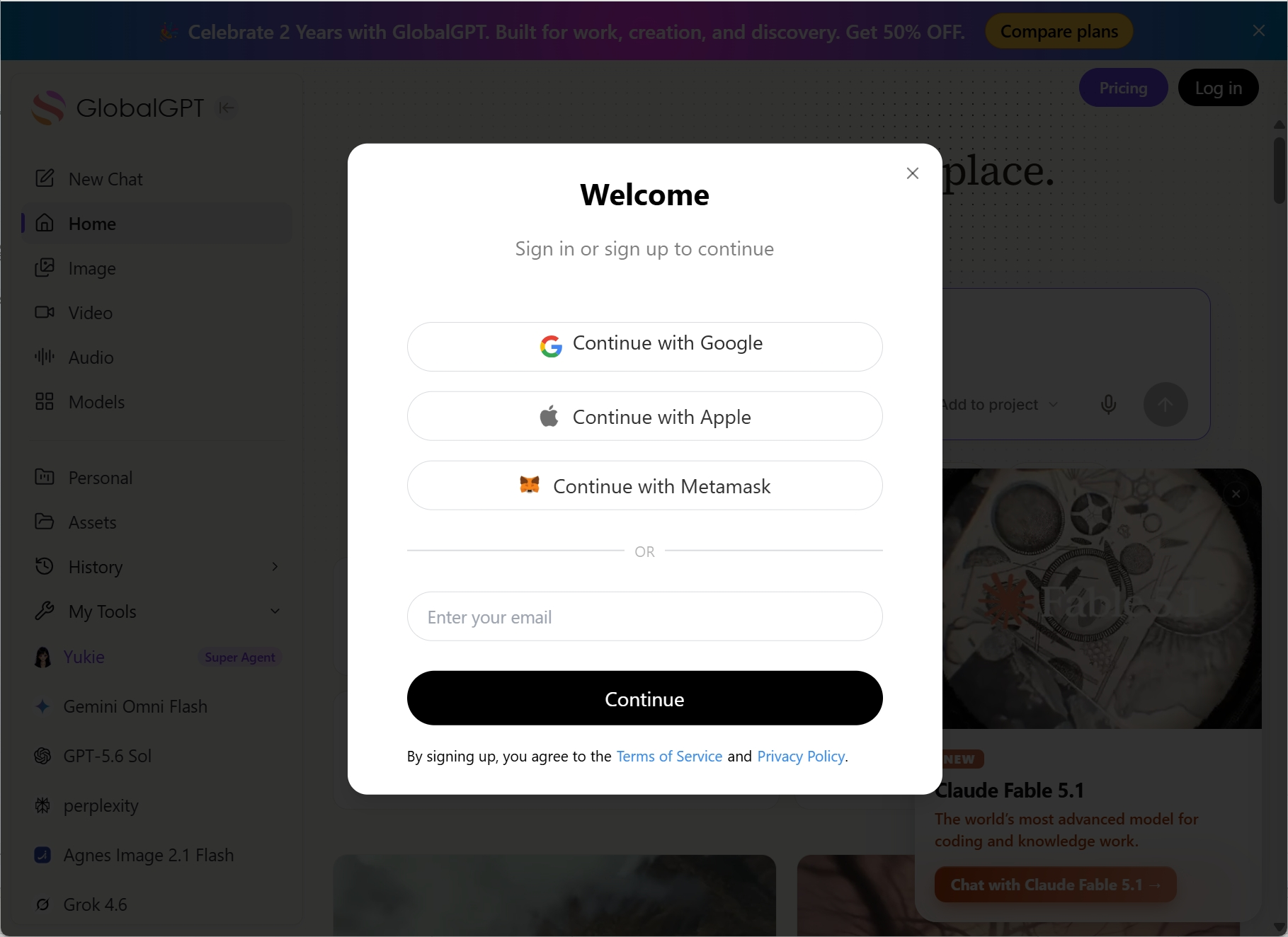 GLBGPT sign-in panel showing Google, Apple, Metamask, and email account options