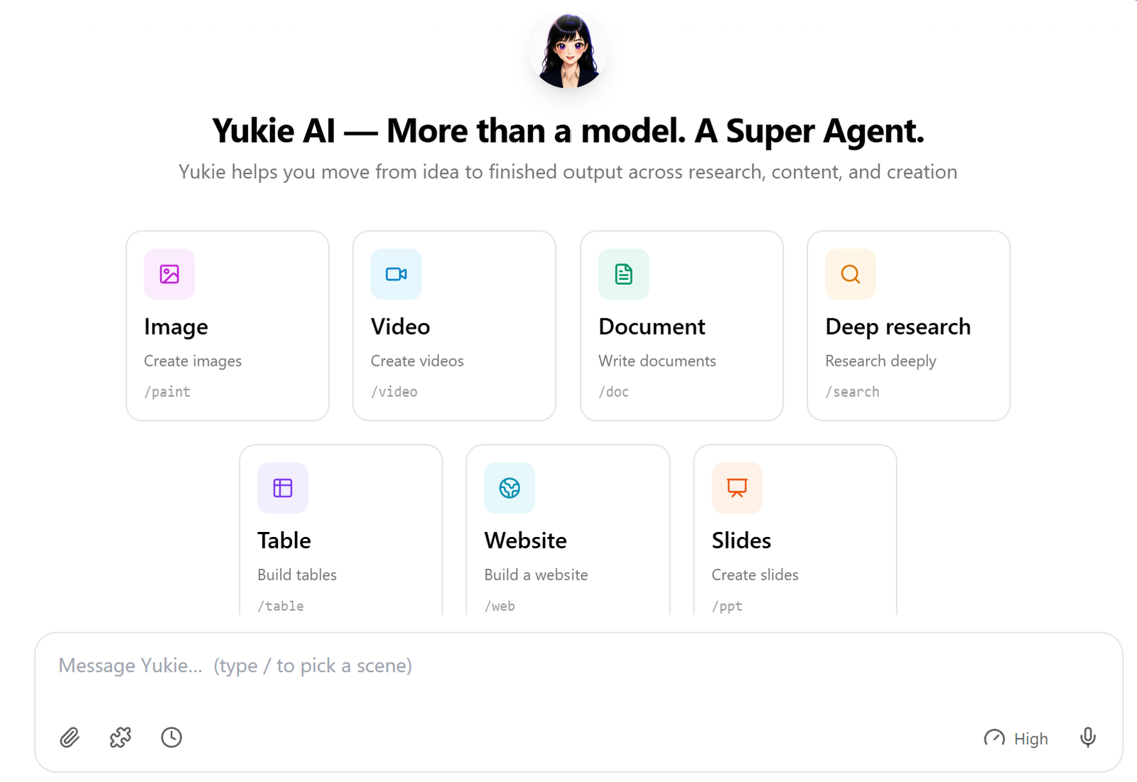 GLBGPT Yukie Agent workspace with image, video, document, research, table, website, and slides tools