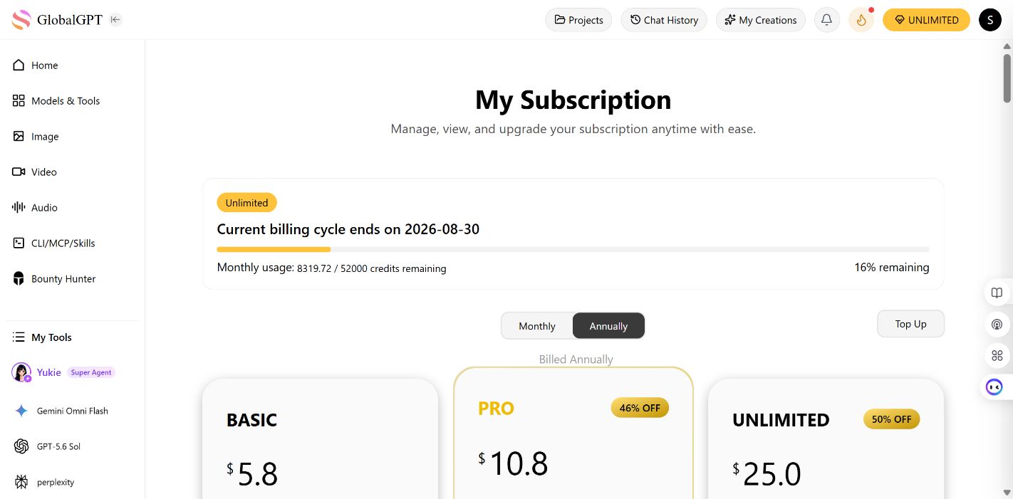 GLBGPT annual pricing page showing Pro and Unlimited credit allocations
