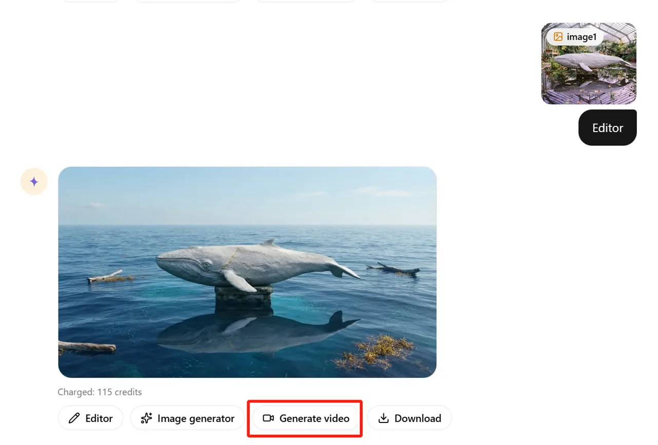 Edited whale image in Gemini Omni Flash with Generate video highlighted