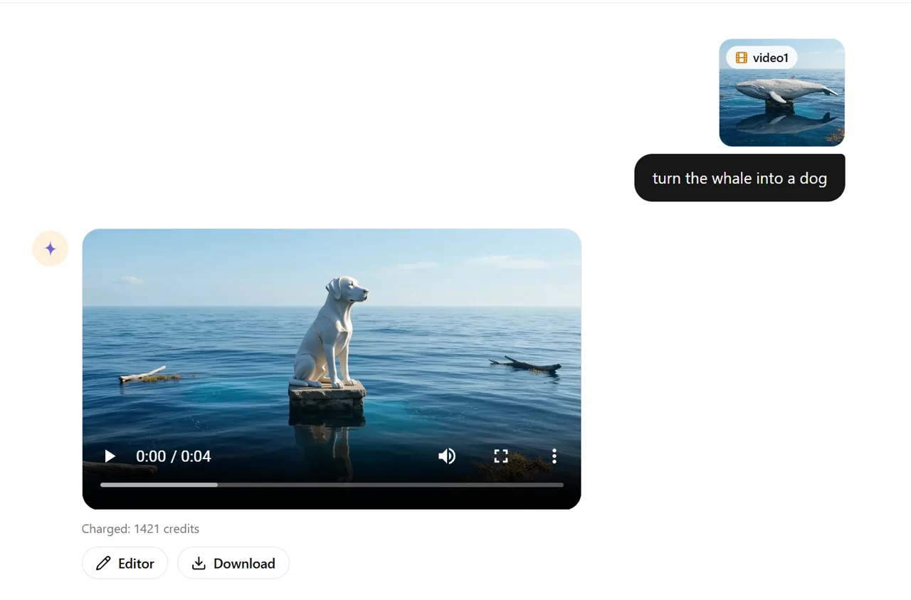 Gemini Omni Flash video edit result replacing a whale with a dog while retaining the ocean