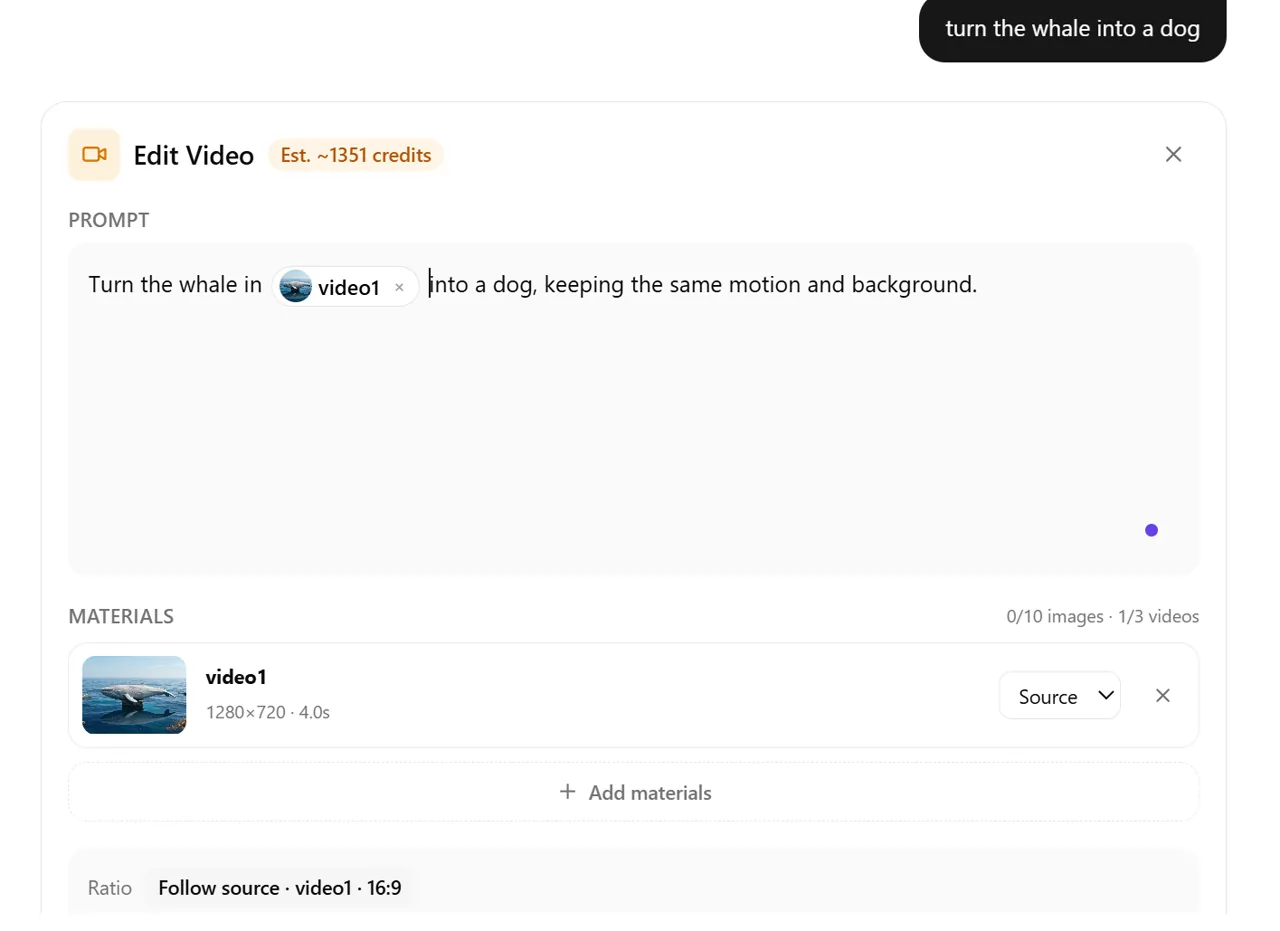 Gemini Omni Flash Edit Video setup using a source clip and a whale-to-dog prompt