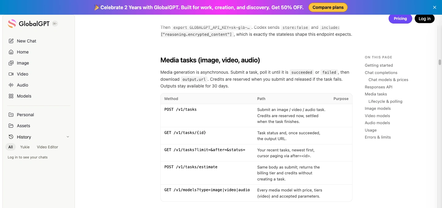 GlobalGPT public media task API documentation showing submit, estimate, polling, and output URL fields