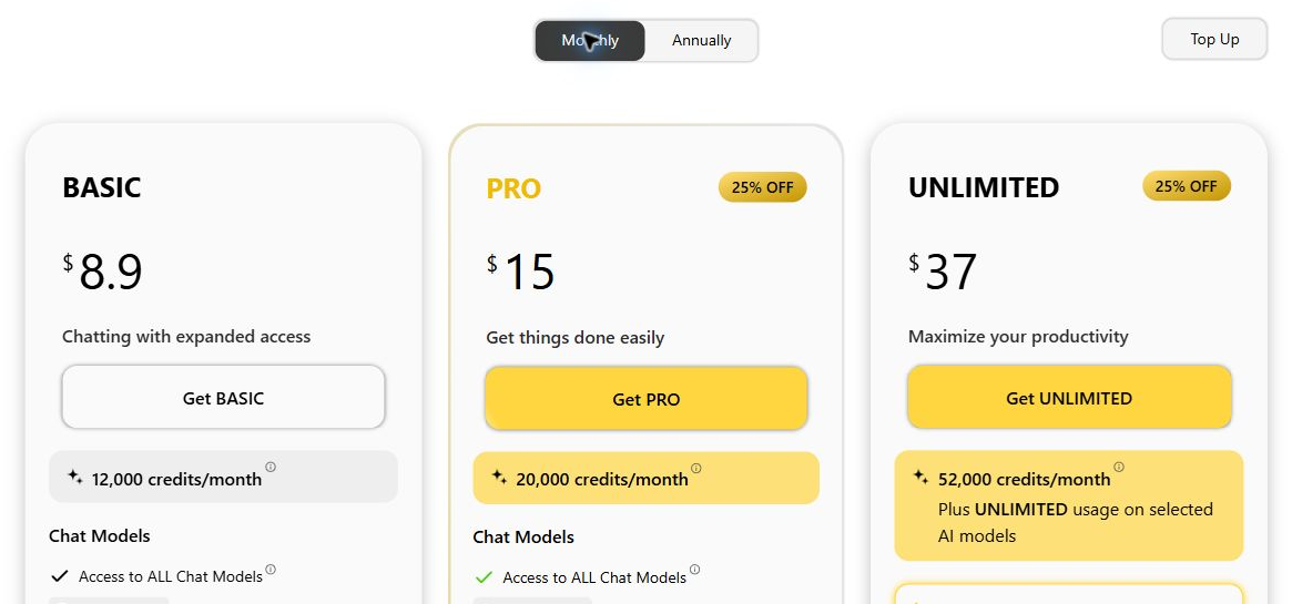 GlobalGPT monthly pricing cards showing Basic 8.90 dollars, Pro 15 dollars and Unlimited 37 dollars