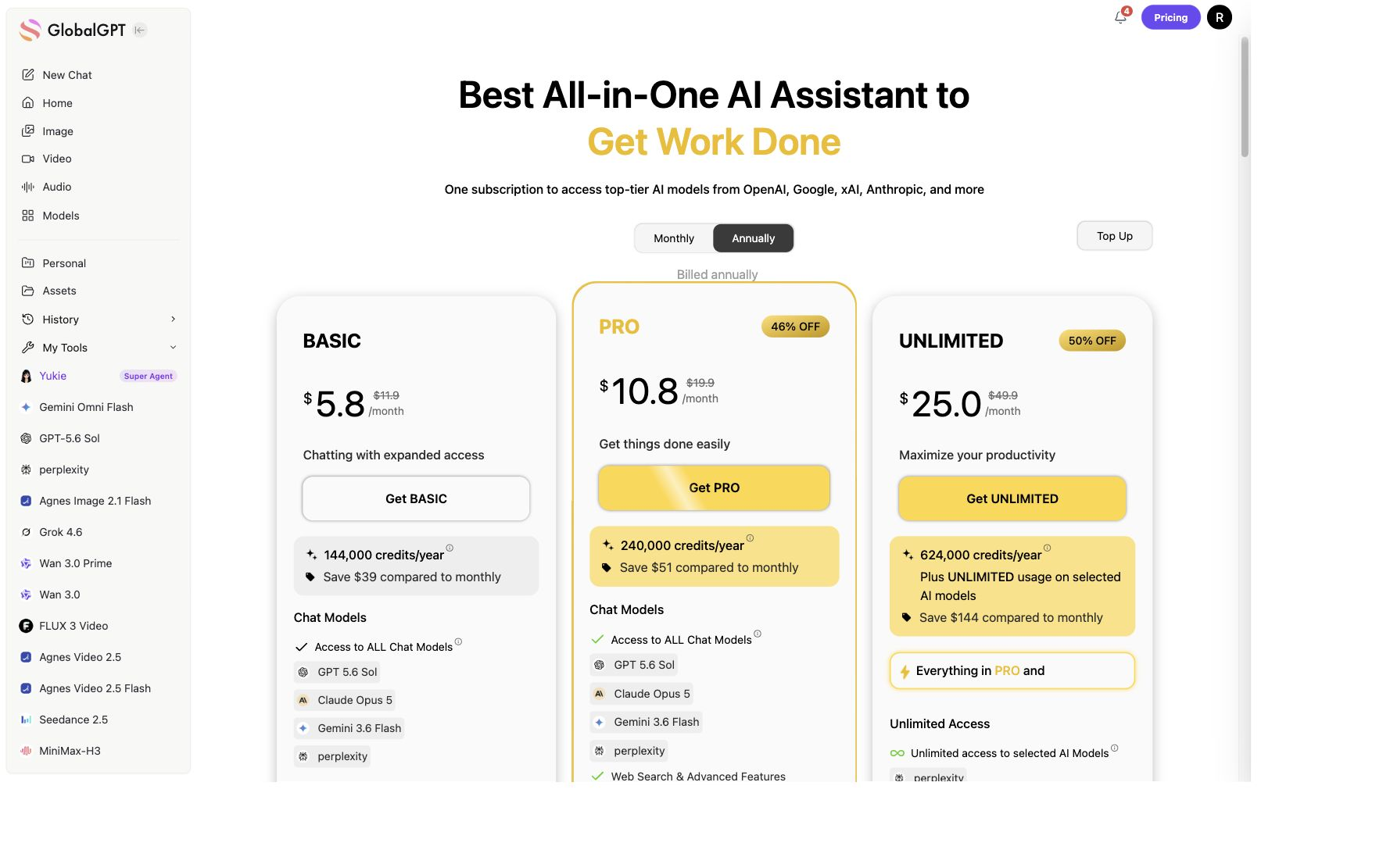 GlobalGPT annual plans, credits, and example model access on the official pricing page
