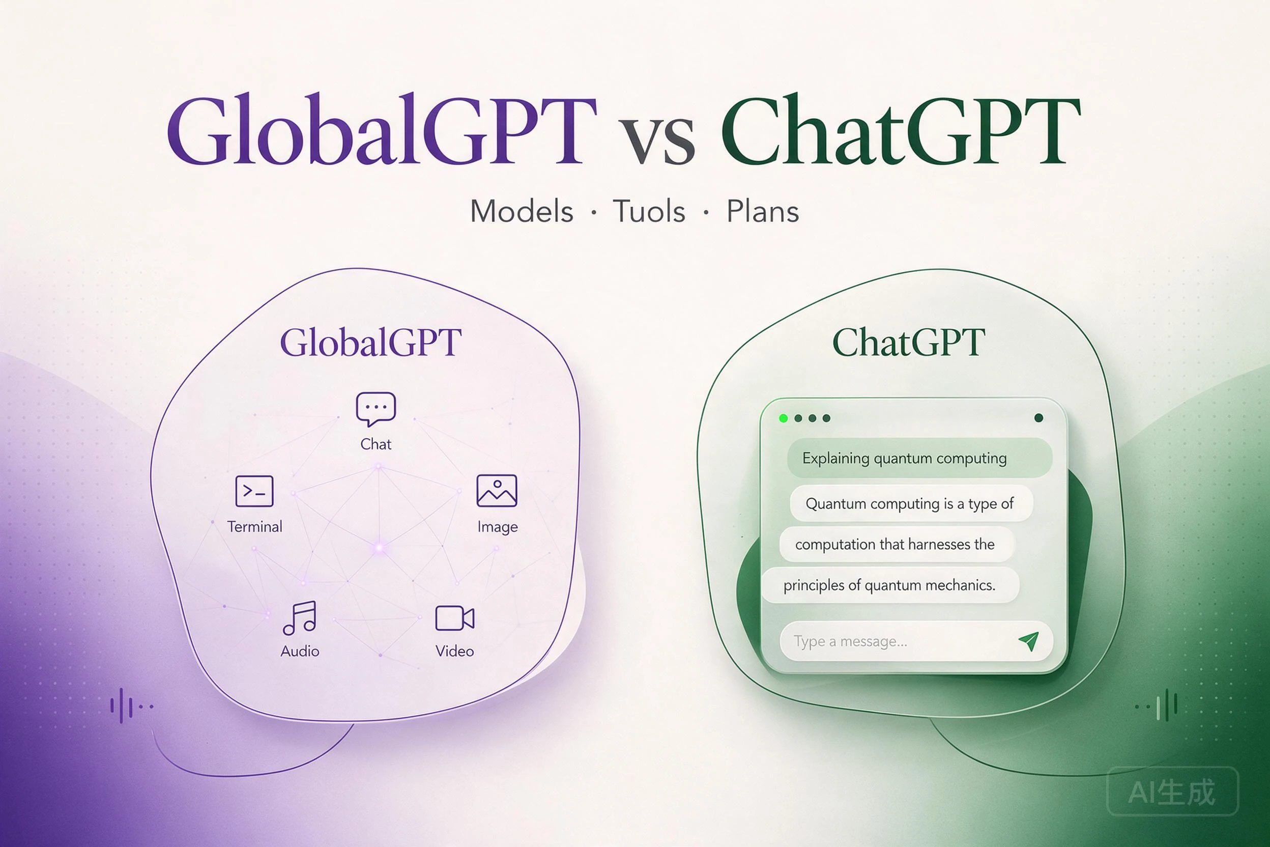 GlobalGPT 대 ChatGPT를 주제로 한 편집 일러스트레이션으로, 채팅, 이미지, 동영상, 오디오 및 터미널 아이콘이 포함되어 있습니다.