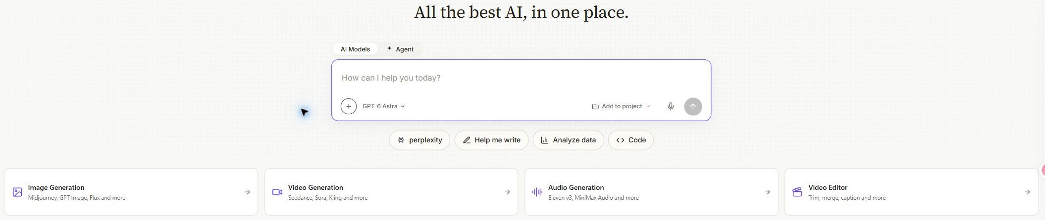 GlobalGPT workspace with a model selector and image, video, audio and video-editing tools