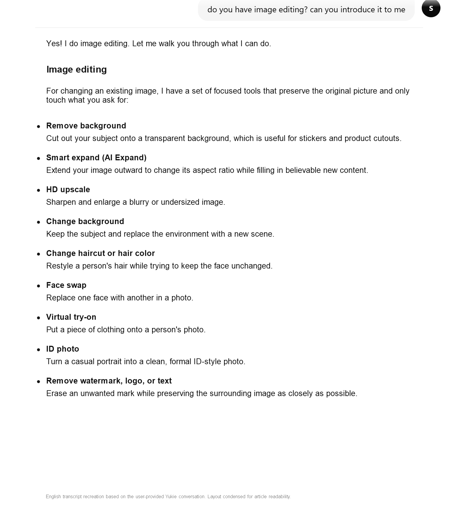 English Yukie chat transcript listing nine GlobalGPT image editing options