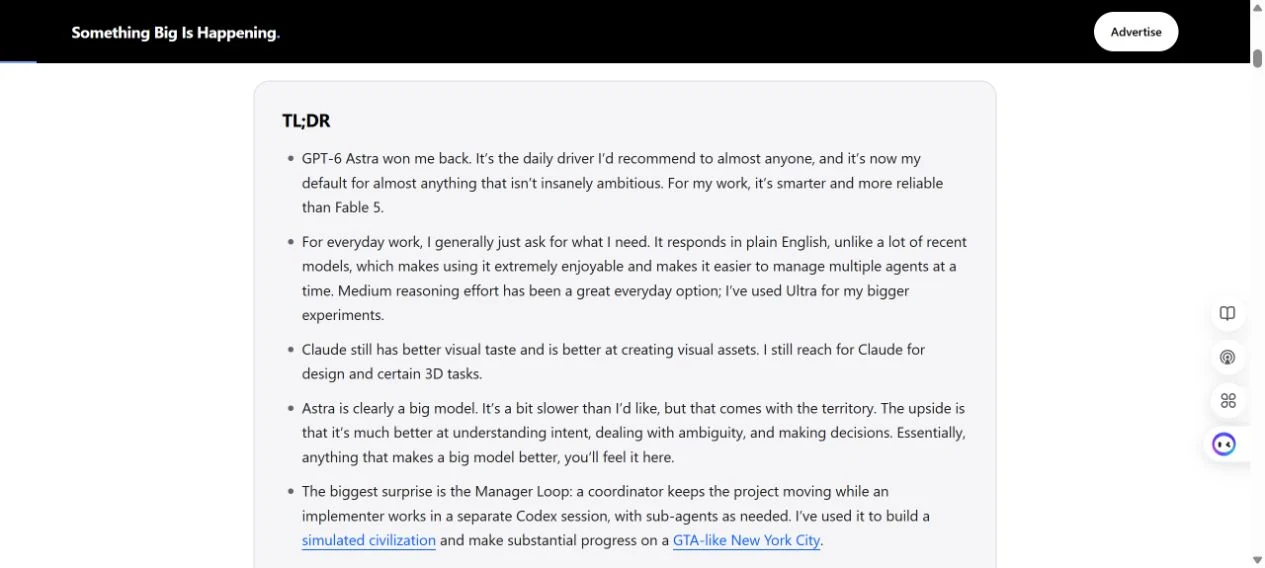 Excerpt from Matt Shumer's early GPT-6 Astra review summarizing strengths in coding, computer use, intent understanding, and long conversations