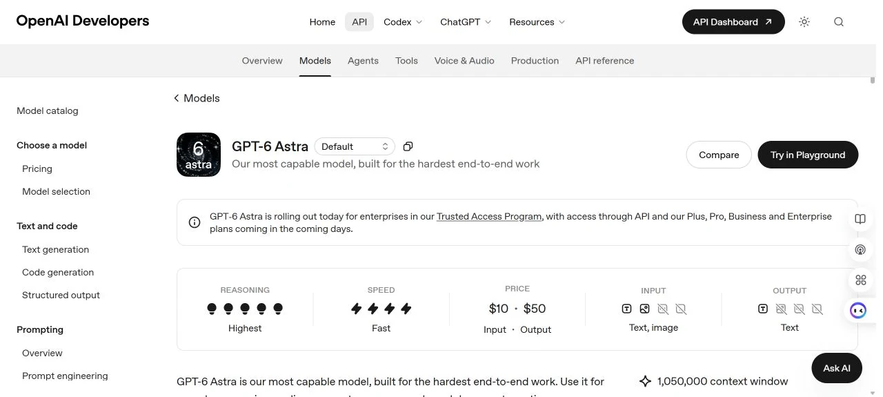 OpenAI GPT-6 Astra model page showing rollout status, context window, and base token prices