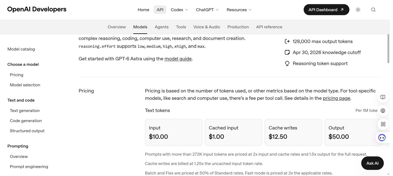 Official GPT-6 Astra documentation showing API pricing, output limit, knowledge cutoff, and long-context surcharge