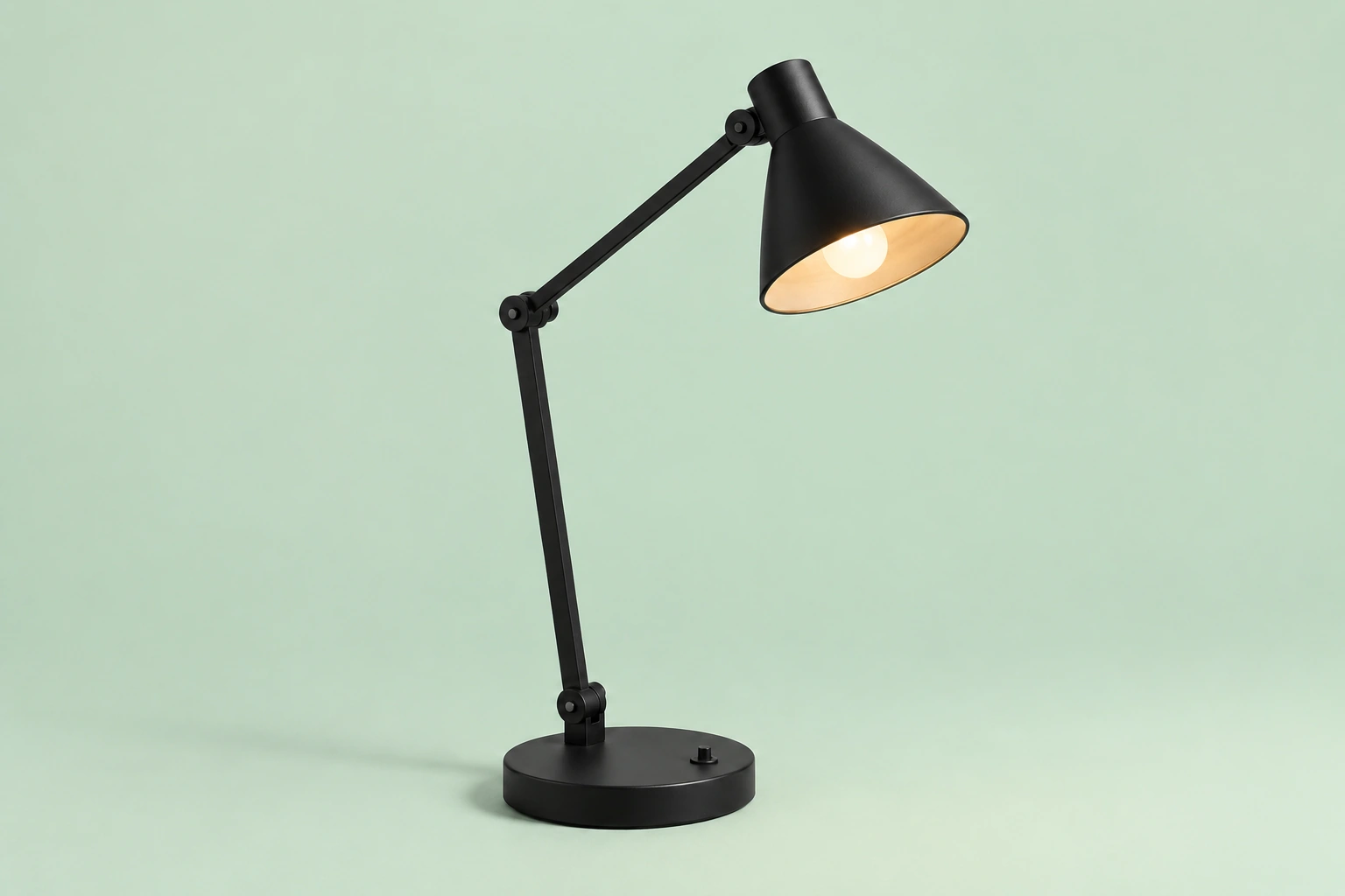 Matte-black desk lamp on a soft mint-green background