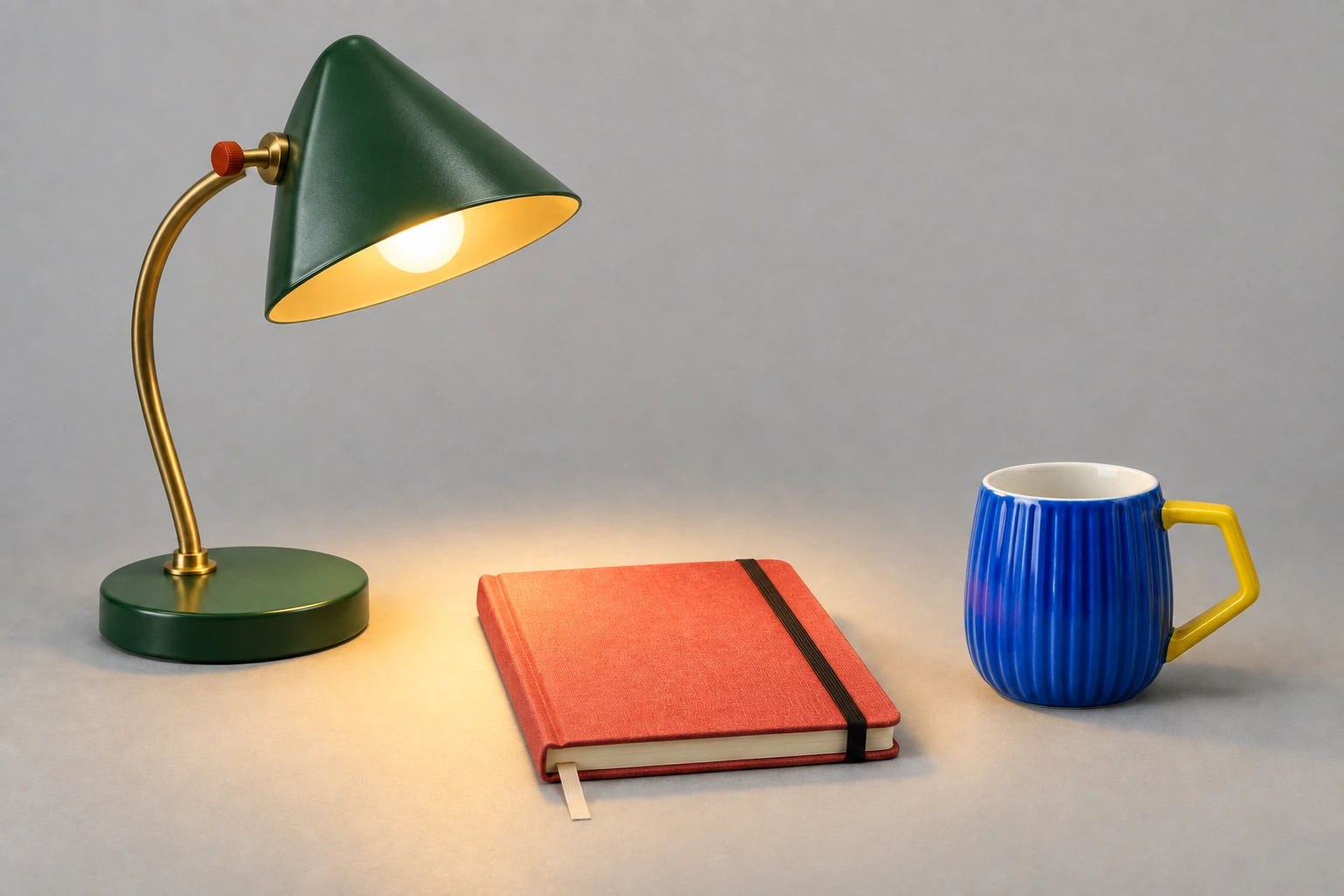 Green lamp, coral notebook, and blue mug arranged left to right