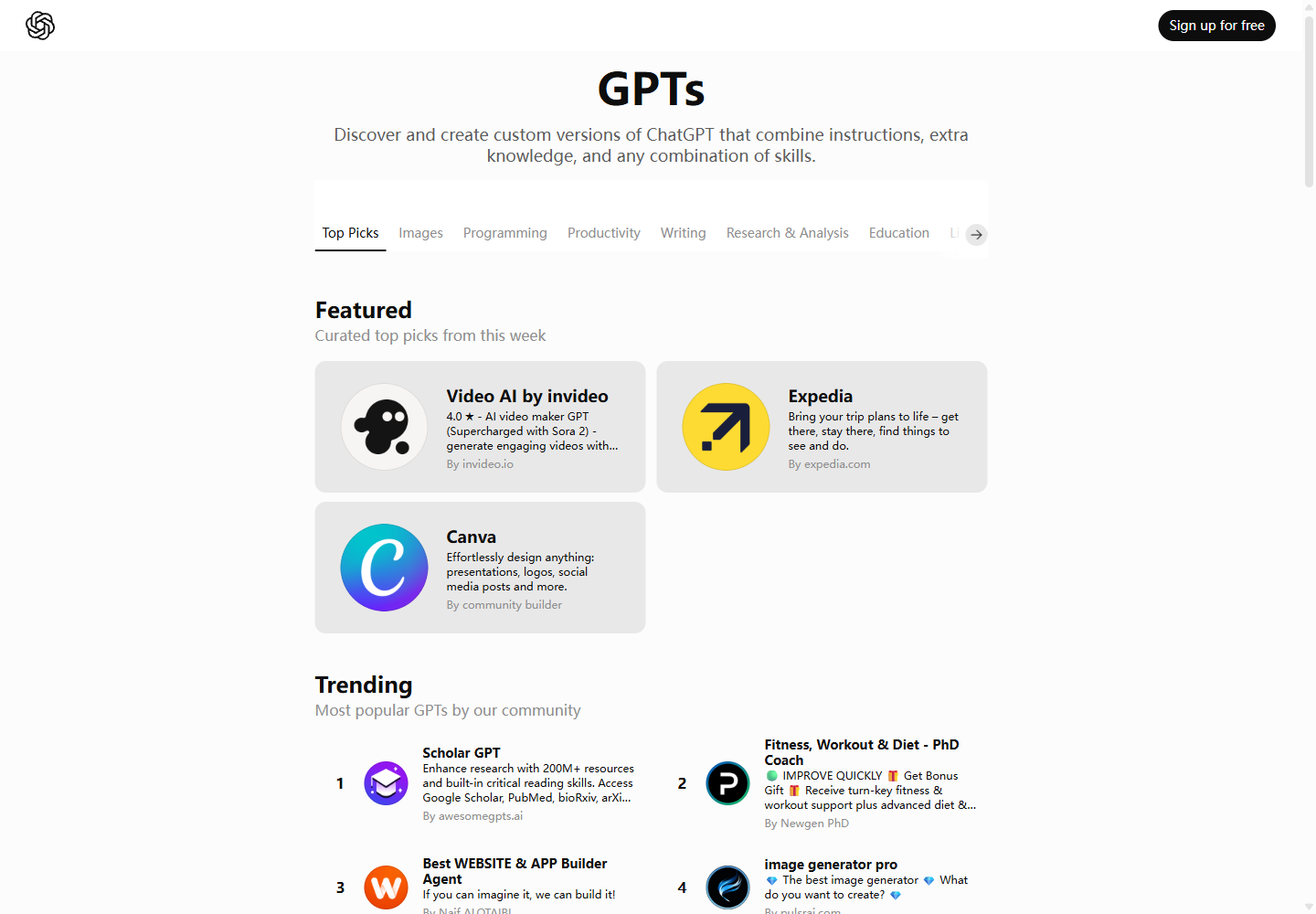 GPT Store browse page with topic categories and featured custom GPT cards