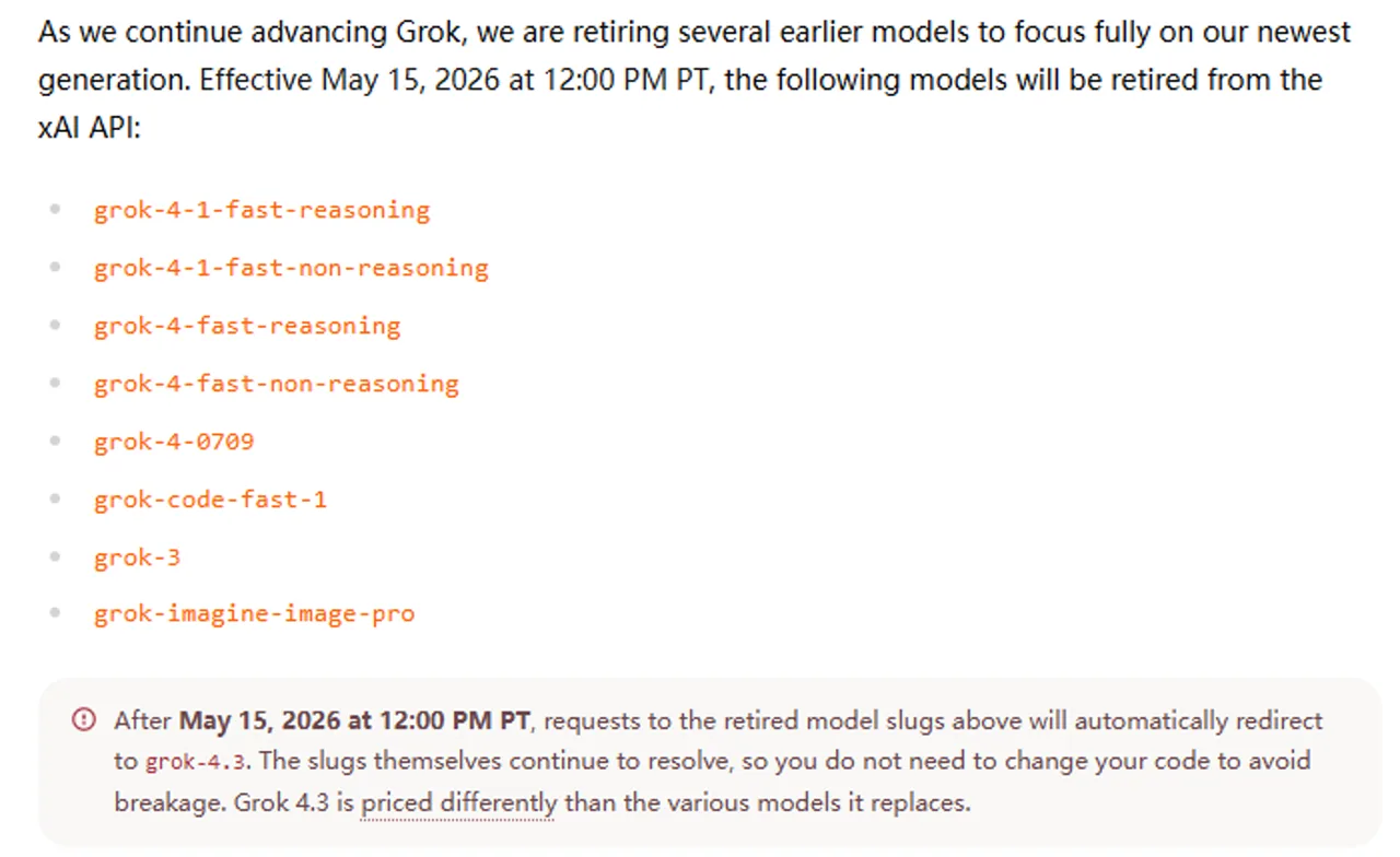 Official xAI retirement notice showing grok-4-0709 and its redirect to grok-4.3.