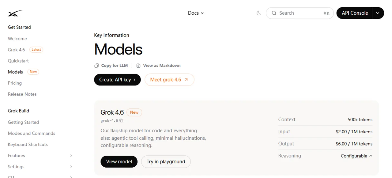 Official xAI documentation listing Grok 4.6 and recommending it for code.