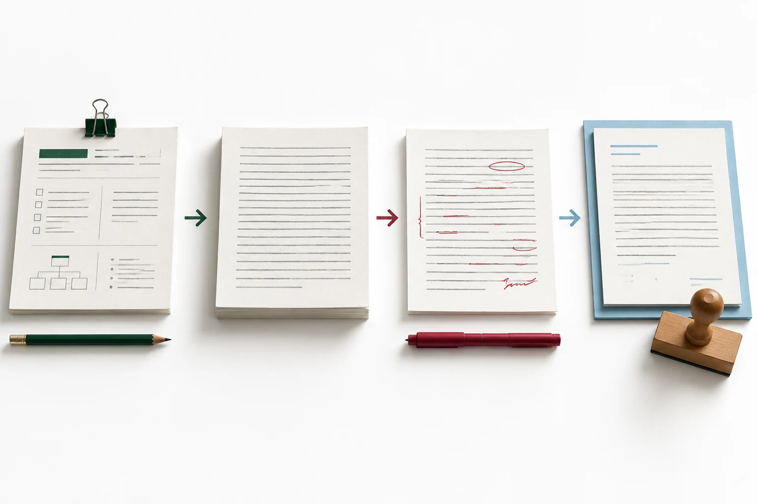 Manuscript moving through brief, draft, revision and approval stages