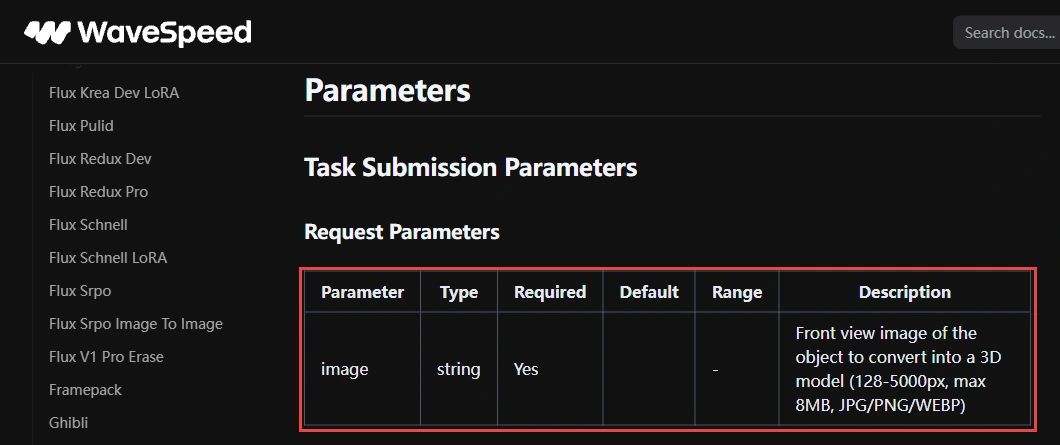 WaveSpeed official Rapid API input table highlighting a required image, 128 to 5000 pixels, maximum 8 MB, in JPG, PNG or WEBP format.
