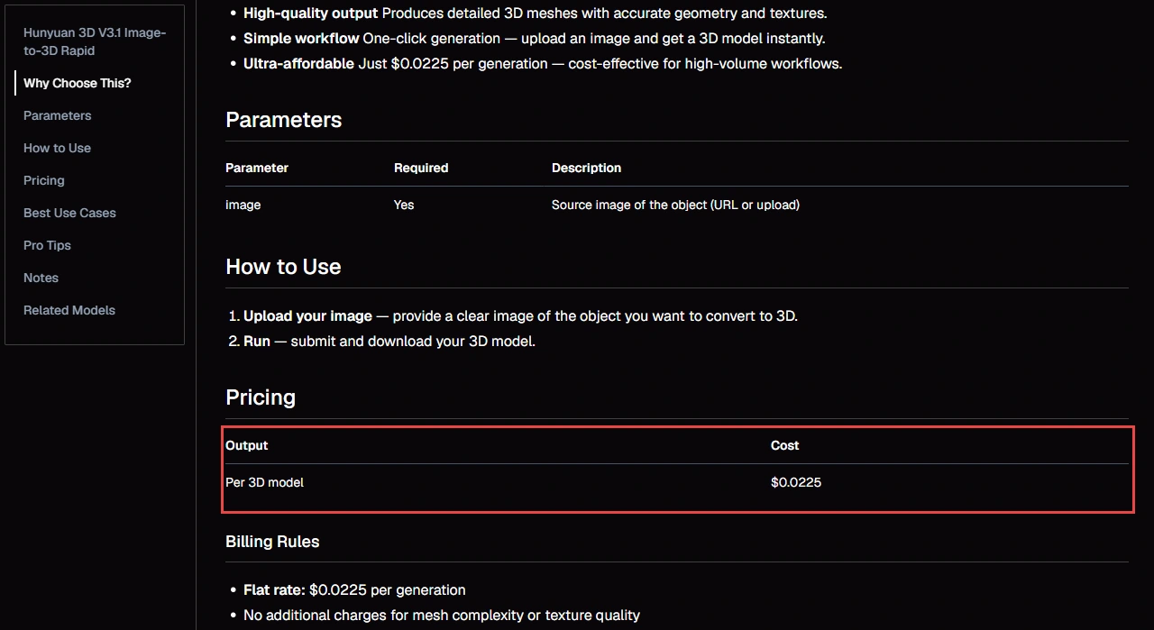WaveSpeed official Hunyuan3D 3.1 Rapid pricing table showing $0.0225 per 3D model, highlighted in red.