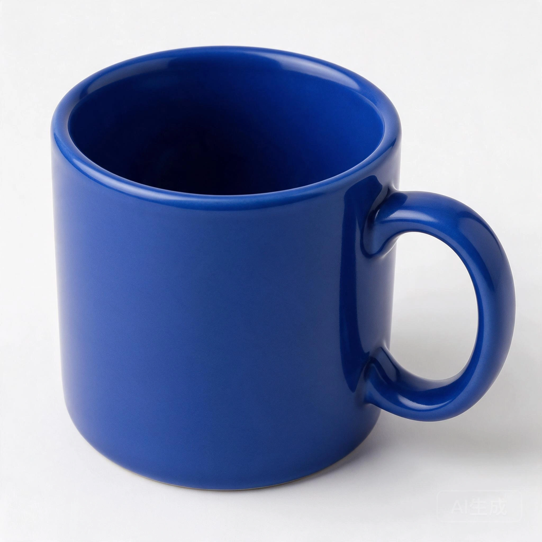 Blue ceramic mug reference with a visible hollow cup and open handle on a light background