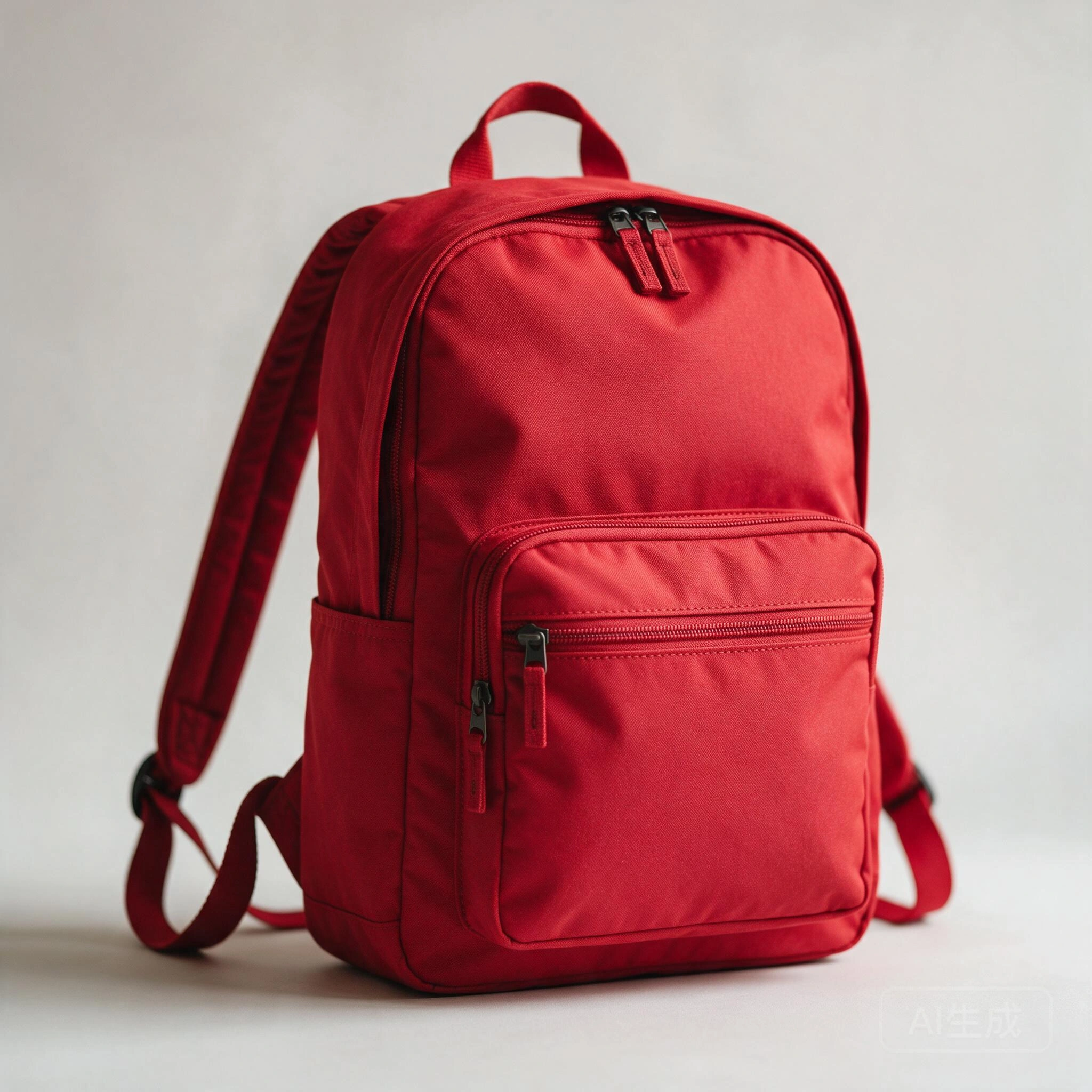 Original red backpack reference showing a front pocket, zipper pulls, top handle, and shoulder straps