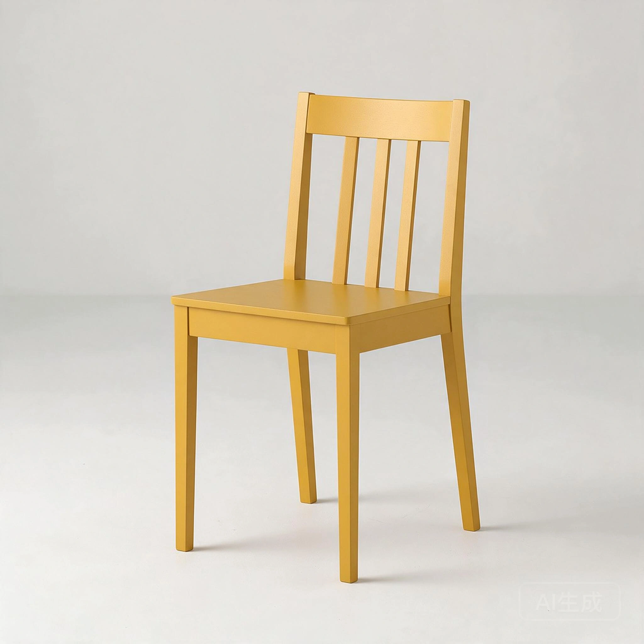 Original yellow chair reference with four legs and three vertical backrest slats on a pale background